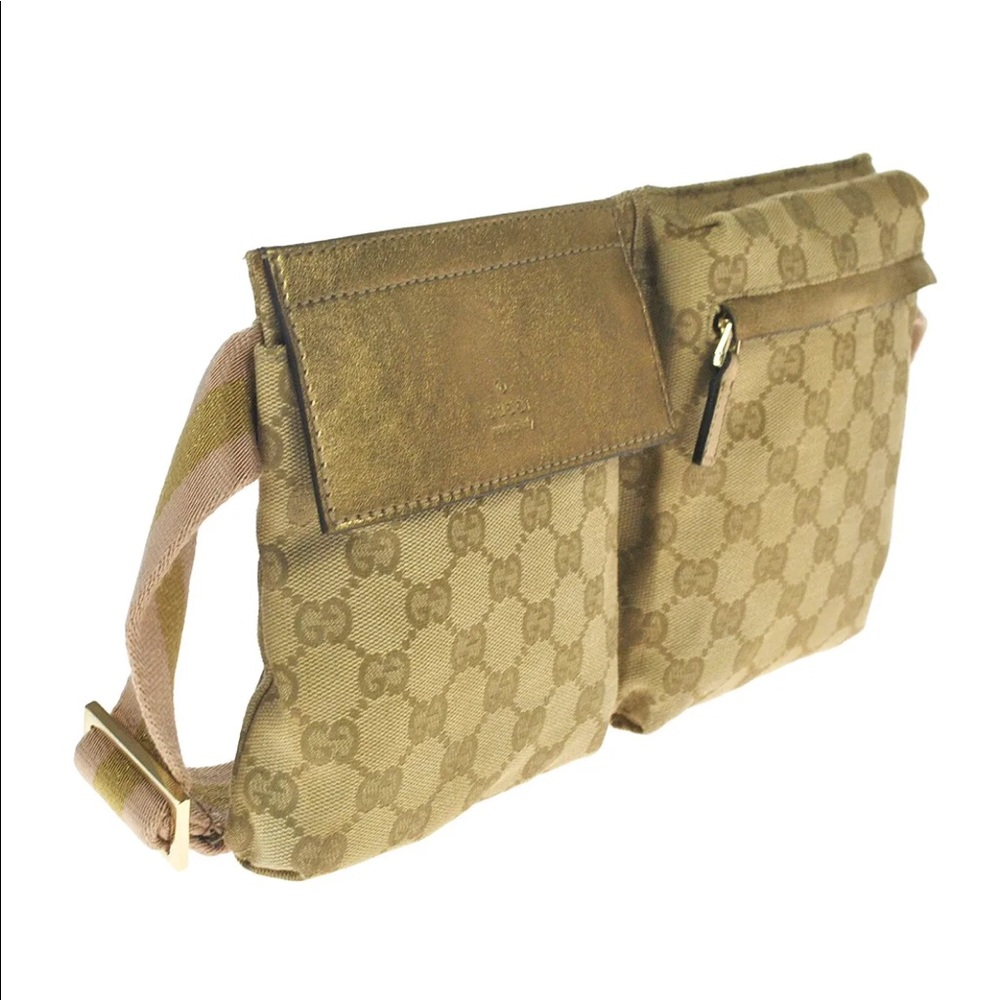 Gucci Gold Beige GG Canvas Dual Pocket Crossbody Belt Bag - Picture 2 of 12